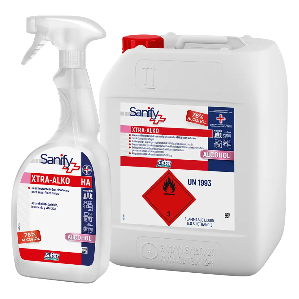 [0572401] SUTTER. XTRA-ALKO HA. Desinfectante hidro-alcohólico para superficies duras con actividad bactericida, levuricida y viricida. 750ML (Unidad)