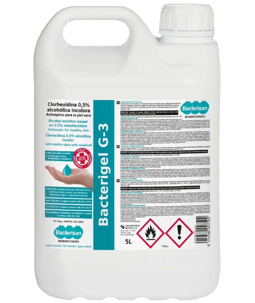 [5073DM033] Bacterigel G-3. 5 Litros. Solución líquida antiséptica para la piel sana | VIRUCIDA - Bactericida - Levuricida | USO PURO | Nº Registro AEMPS: 633-DES. Caja de 2 Uds