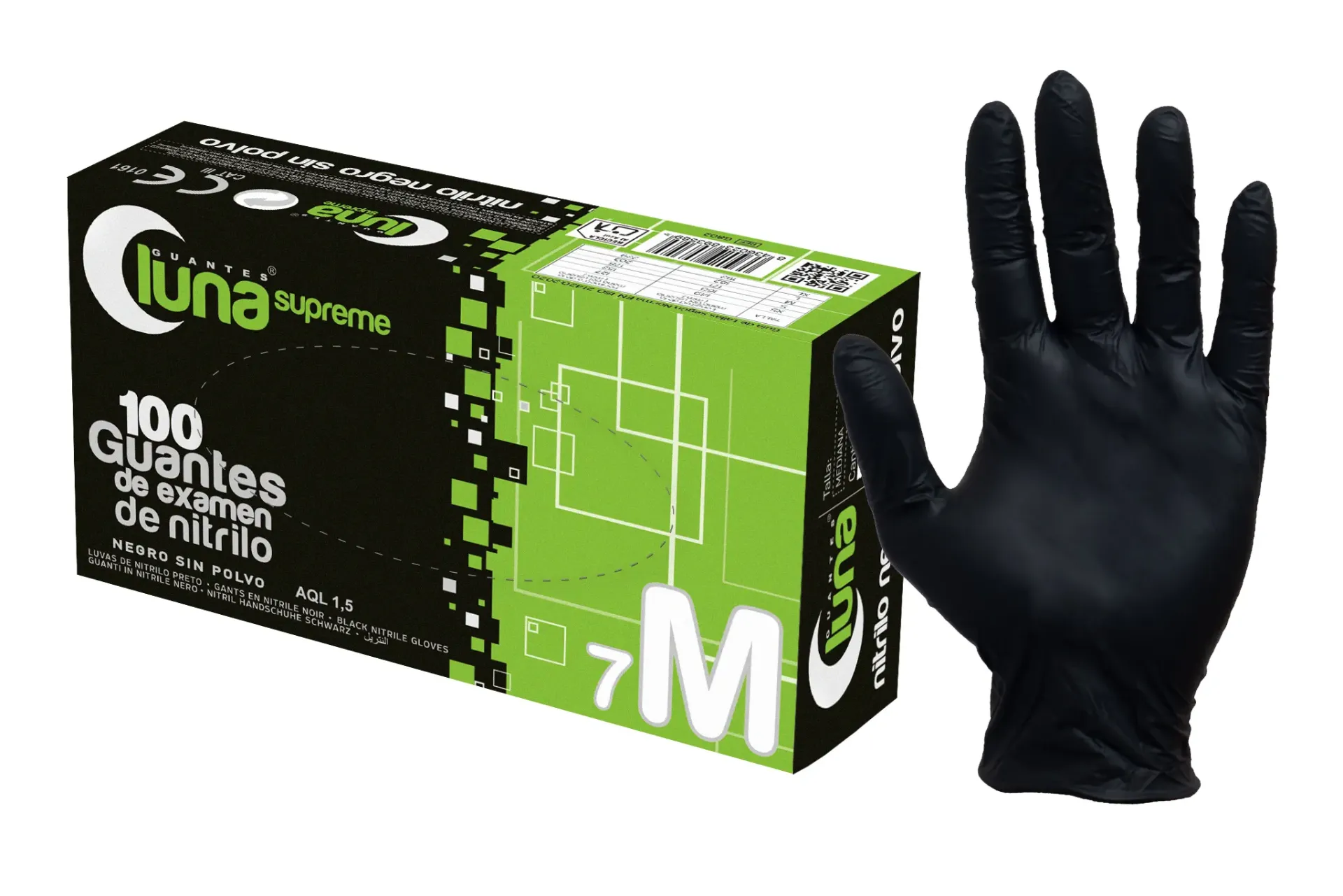 LUNA. Guante SUPREME NITRILO. NEGRO Sin polvo. 3,5gr Caja de 100 unidades. (Talla S, M, L, XL)